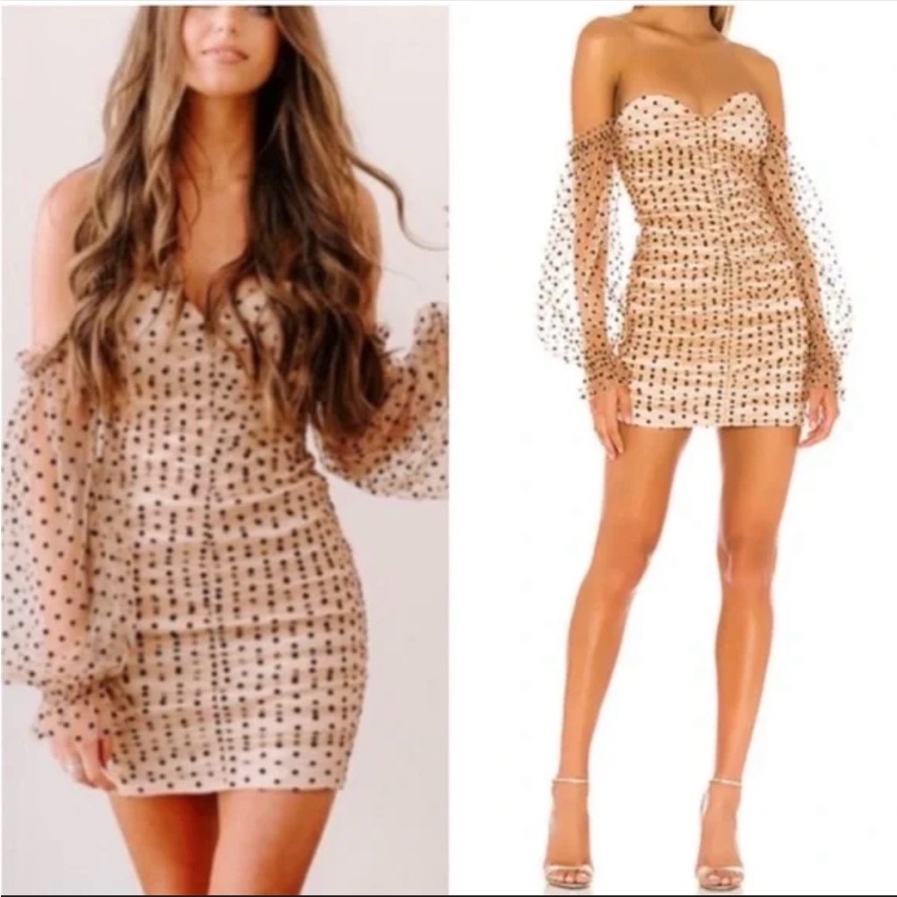 REVOLVE Beige and Black Polka Dot Mini Dress